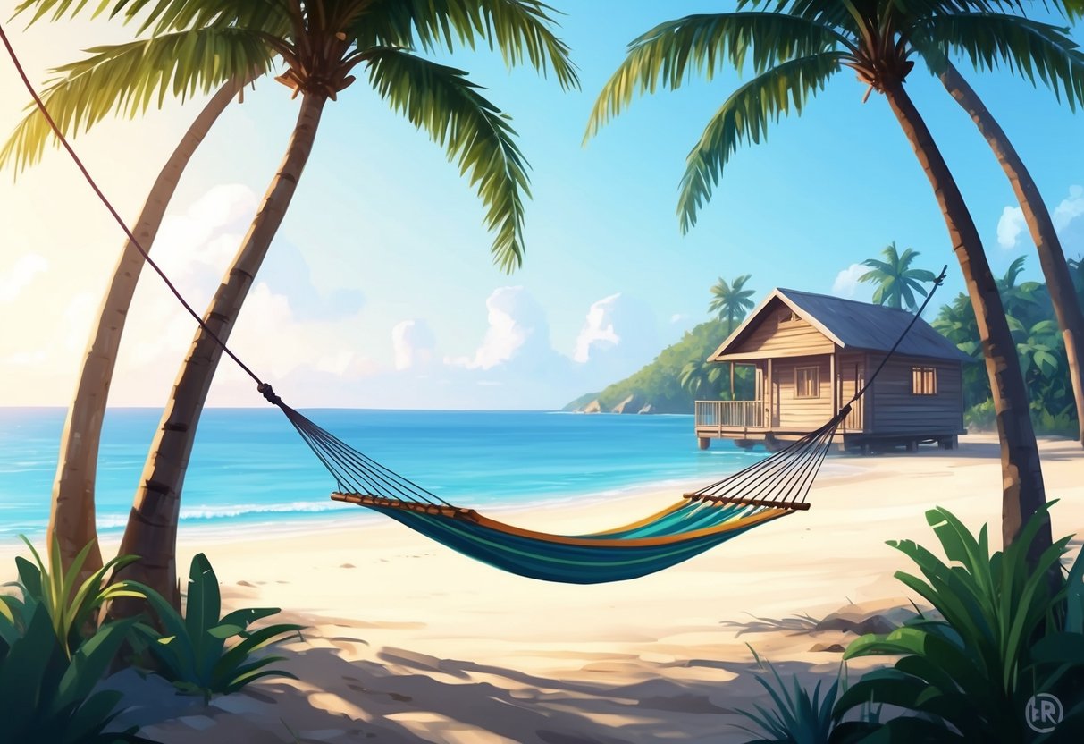 A serene beach with a hammock strung between two palm trees, a small wooden bungalow in the background, and a tranquil ocean view