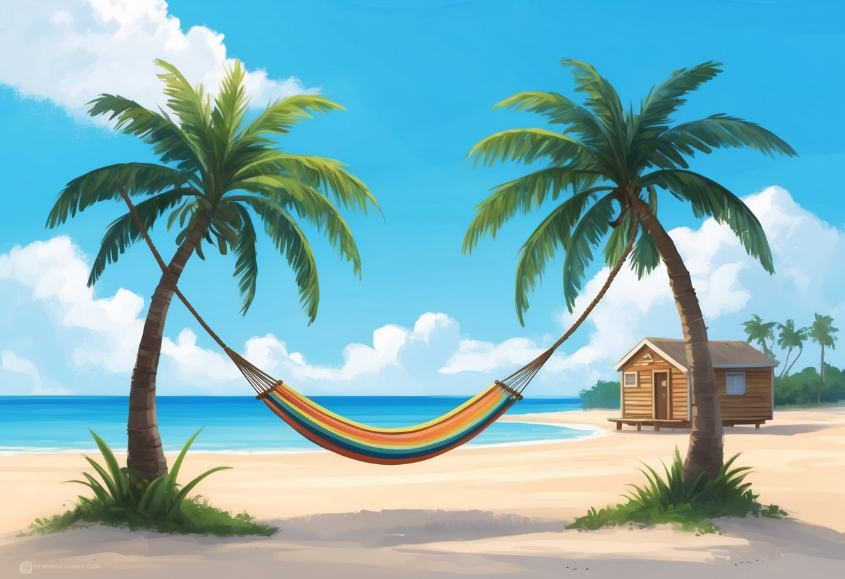 A serene beach with a hammock strung between two palm trees, a small cabin in the background, and a clear blue sky with a few fluffy white clouds