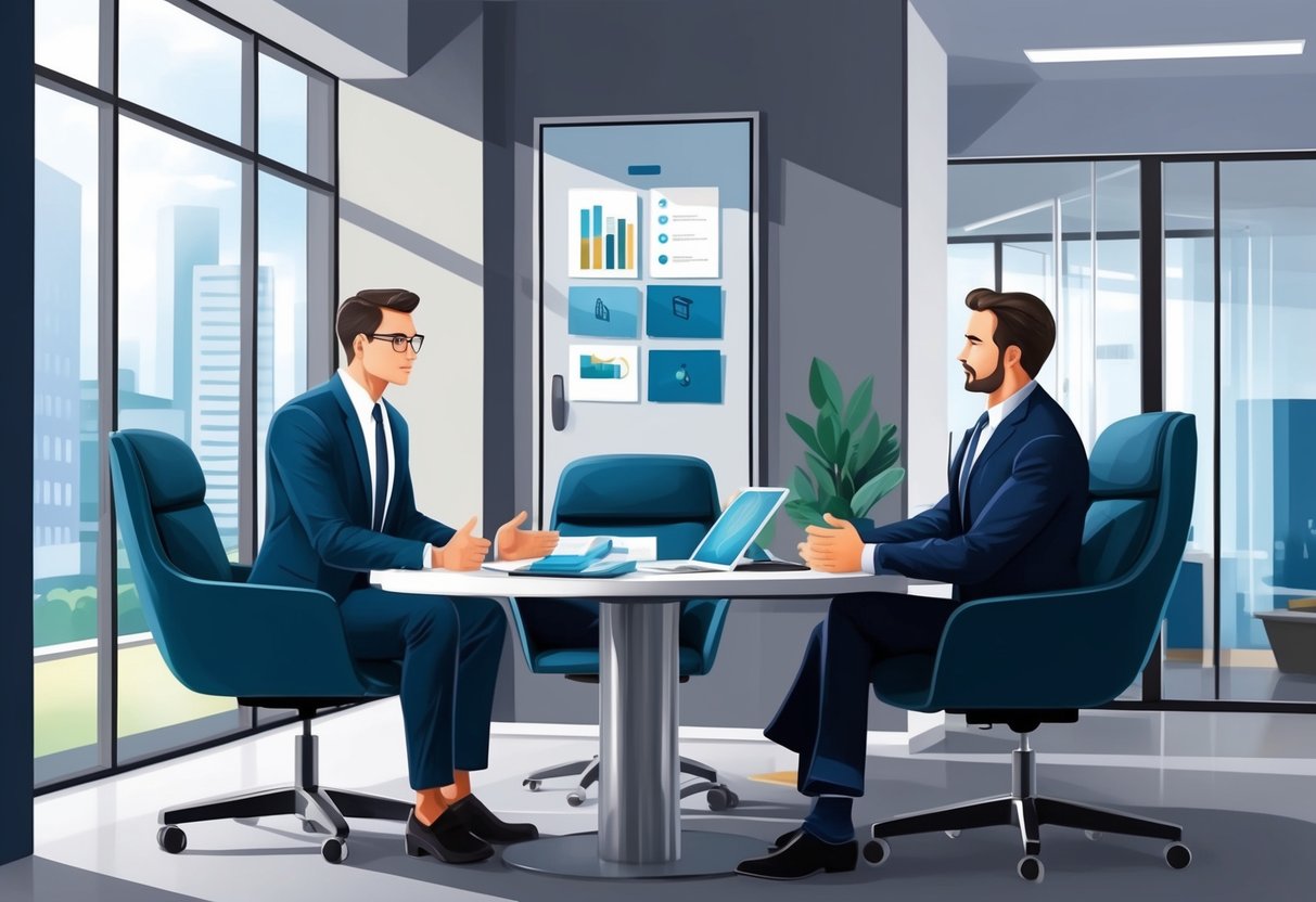 A secure and modern office setting with a lawyer or financial advisor discussing legal asset protection strategies with a client