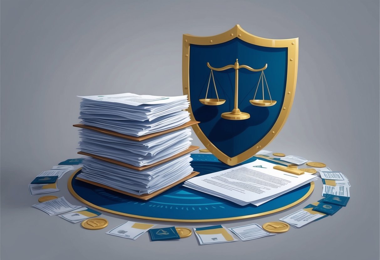 A stack of legal documents and a scale representing balance, surrounded by a shield symbolizing protection from lawsuits and creditors