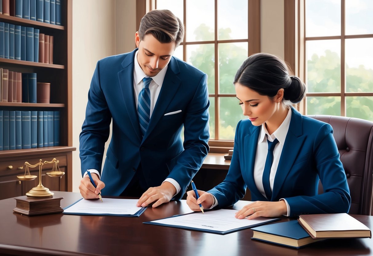 A couple signing a prenuptial agreement in a lawyer's office