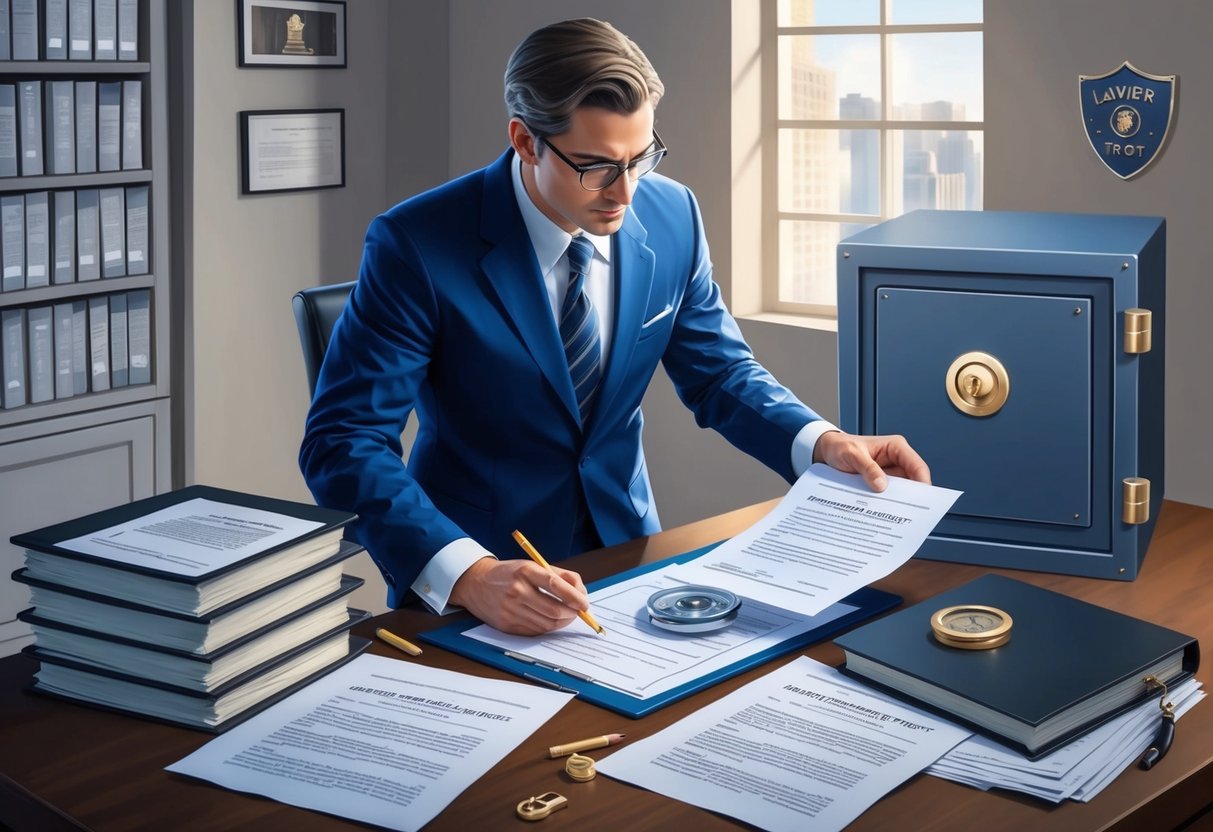 A lawyer transferring assets into irrevocable trusts, surrounded by legal documents and a secure vault