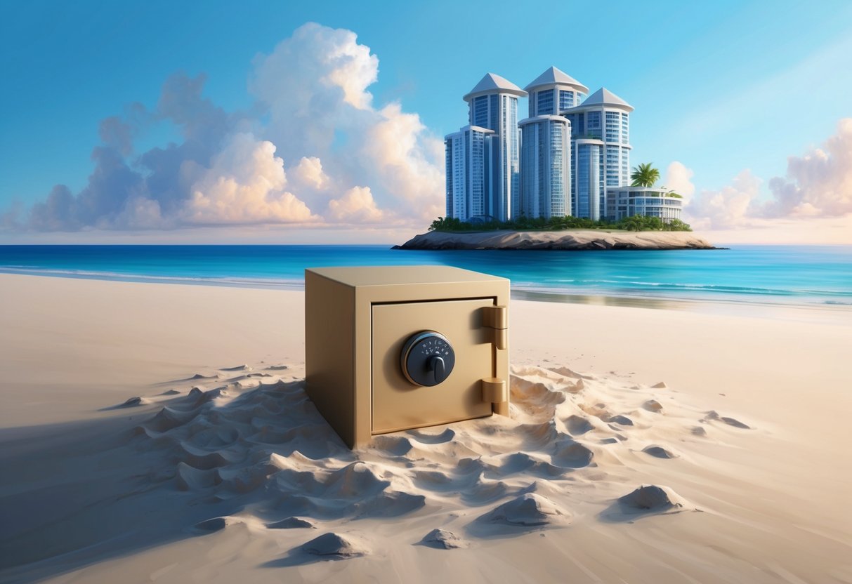 A serene beach with a safe nestled in the sand, surrounded by a protective offshore trust structure