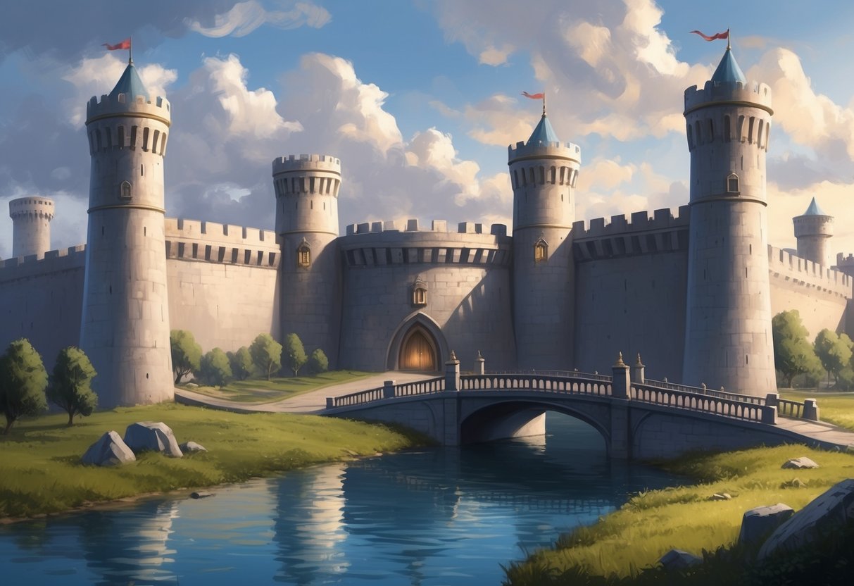 A sturdy fortress surrounded by a moat with a drawbridge, guarded by towering walls and watchtowers, protecting valuable assets within