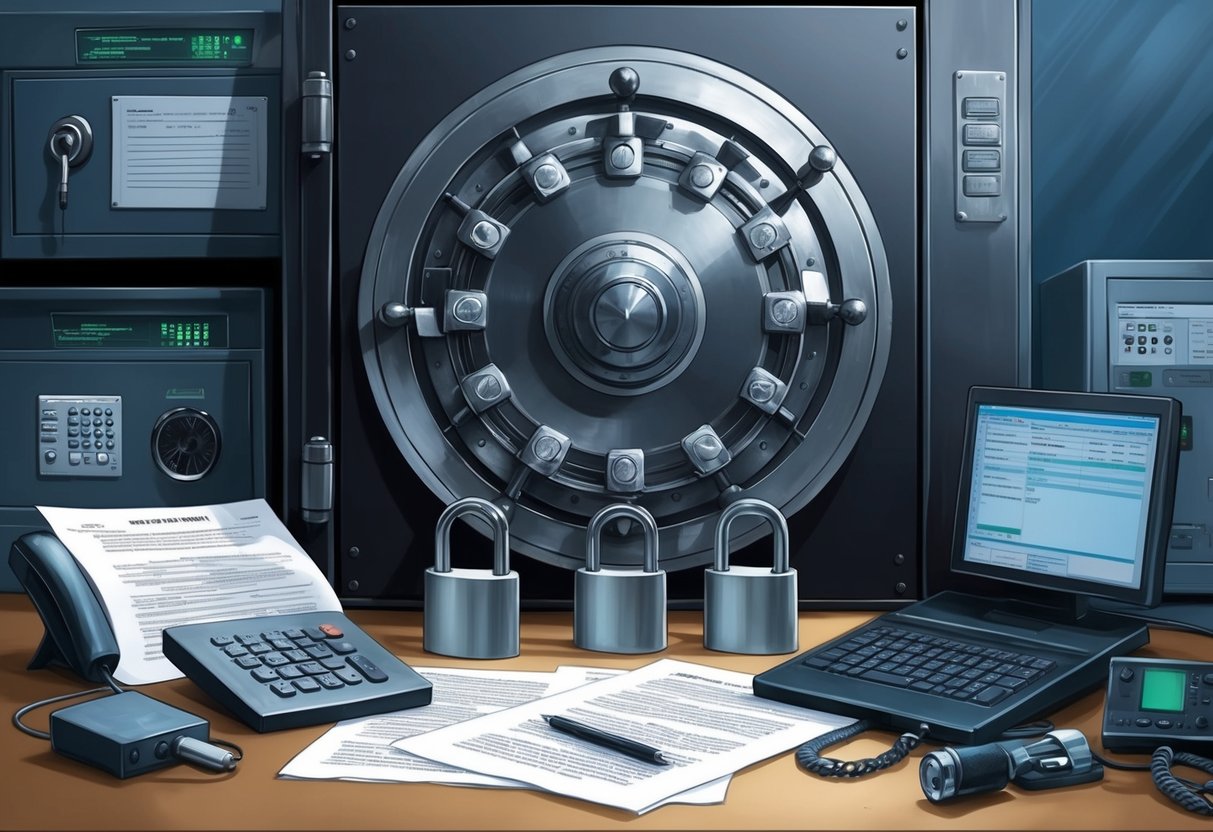 A set of seven interconnected locks securing a vault, surrounded by legal documents and monitoring equipment
