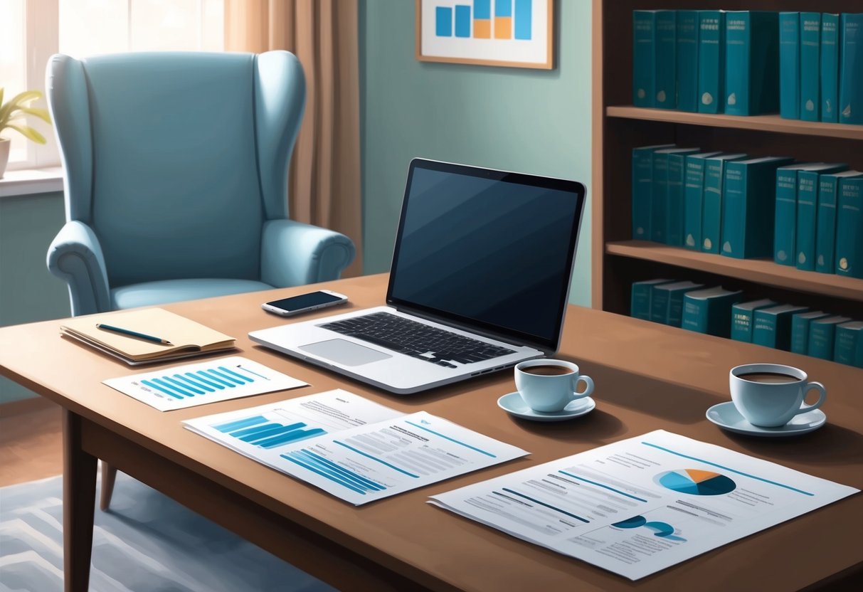 A serene office desk with a laptop, financial documents, and a cup of coffee. A comfortable chair and a bookshelf with investment books in the background