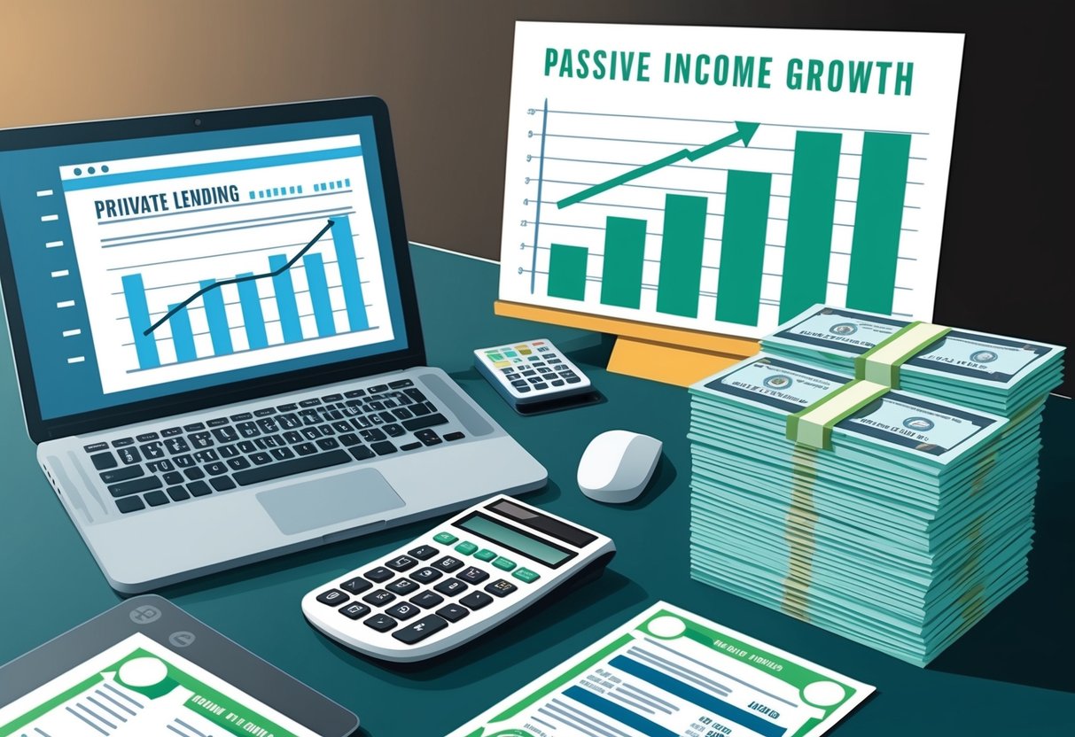 A desk with a laptop, financial documents, and a calculator. A graph showing passive income growth. A stack of money symbolizing private lending