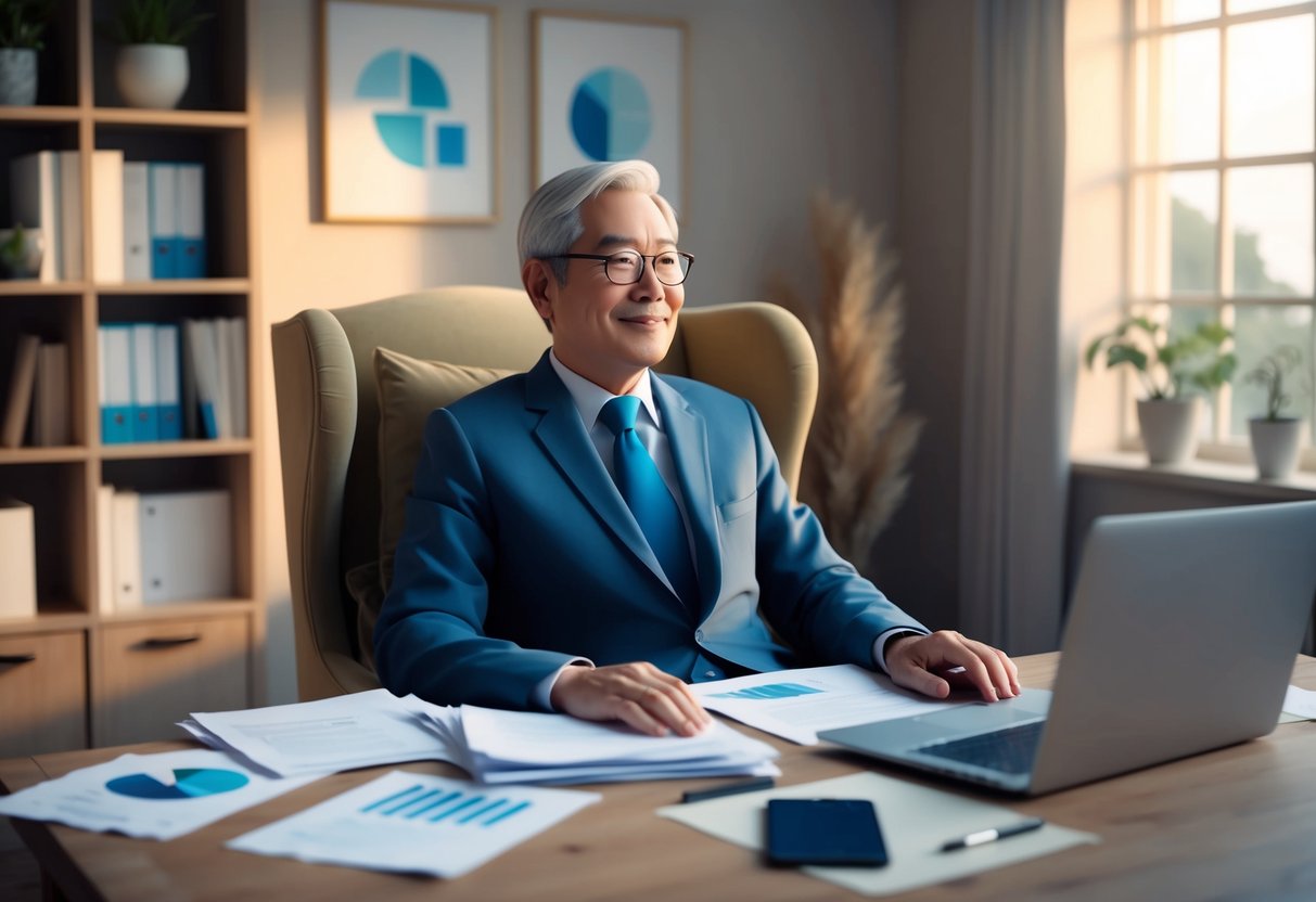 A serene, mature individual sits comfortably in a cozy study, surrounded by financial documents and a laptop, with a content expression while reviewing private lending opportunities