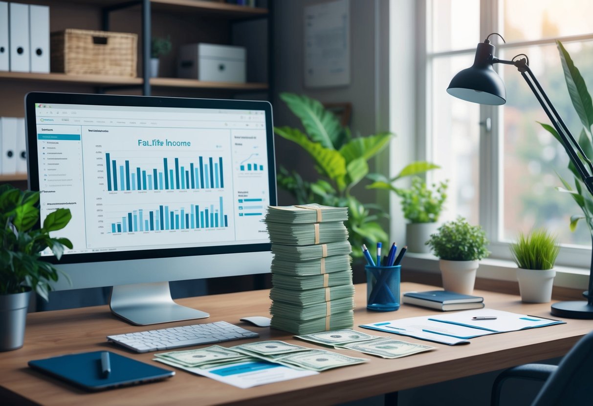 A cozy home office with a desk, computer, and financial documents. A stack of money symbolizes passive income potential