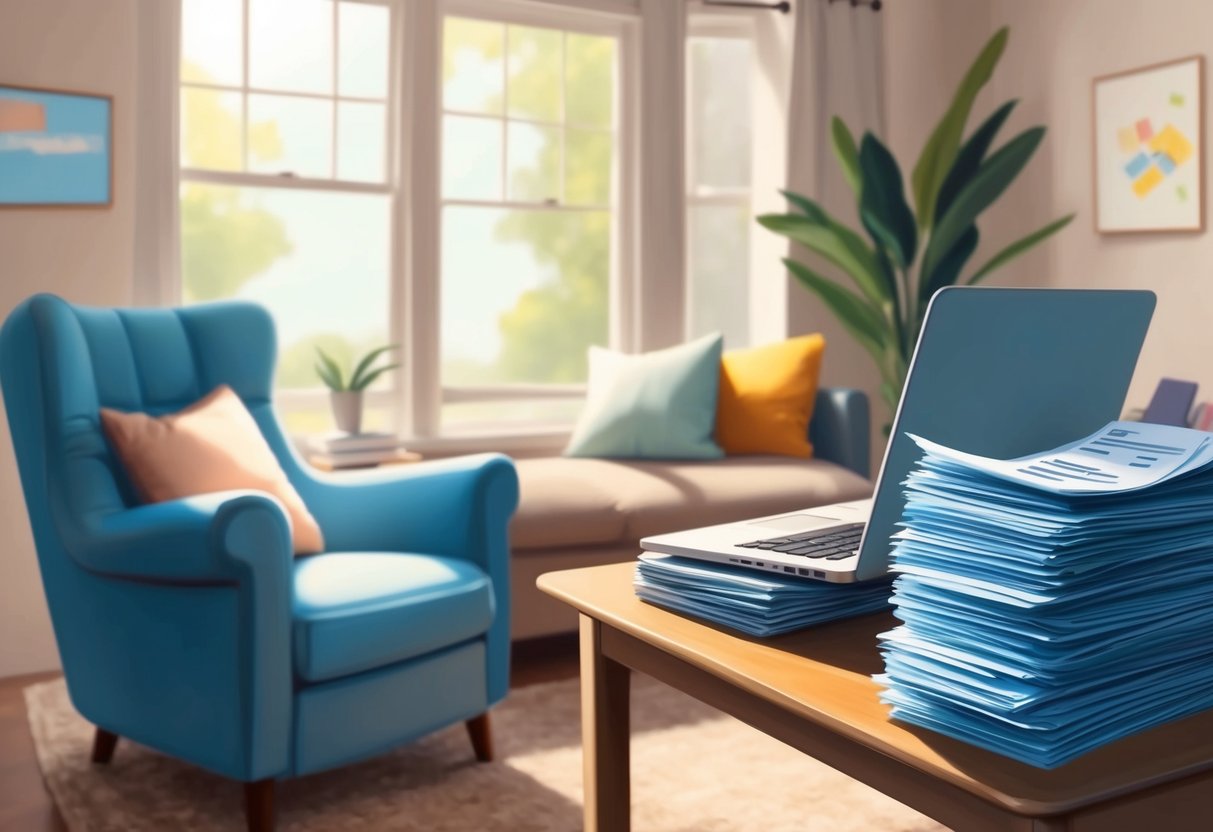A serene setting with a cozy living room or office space, featuring a comfortable chair, a desk with a laptop, and a stack of financial documents