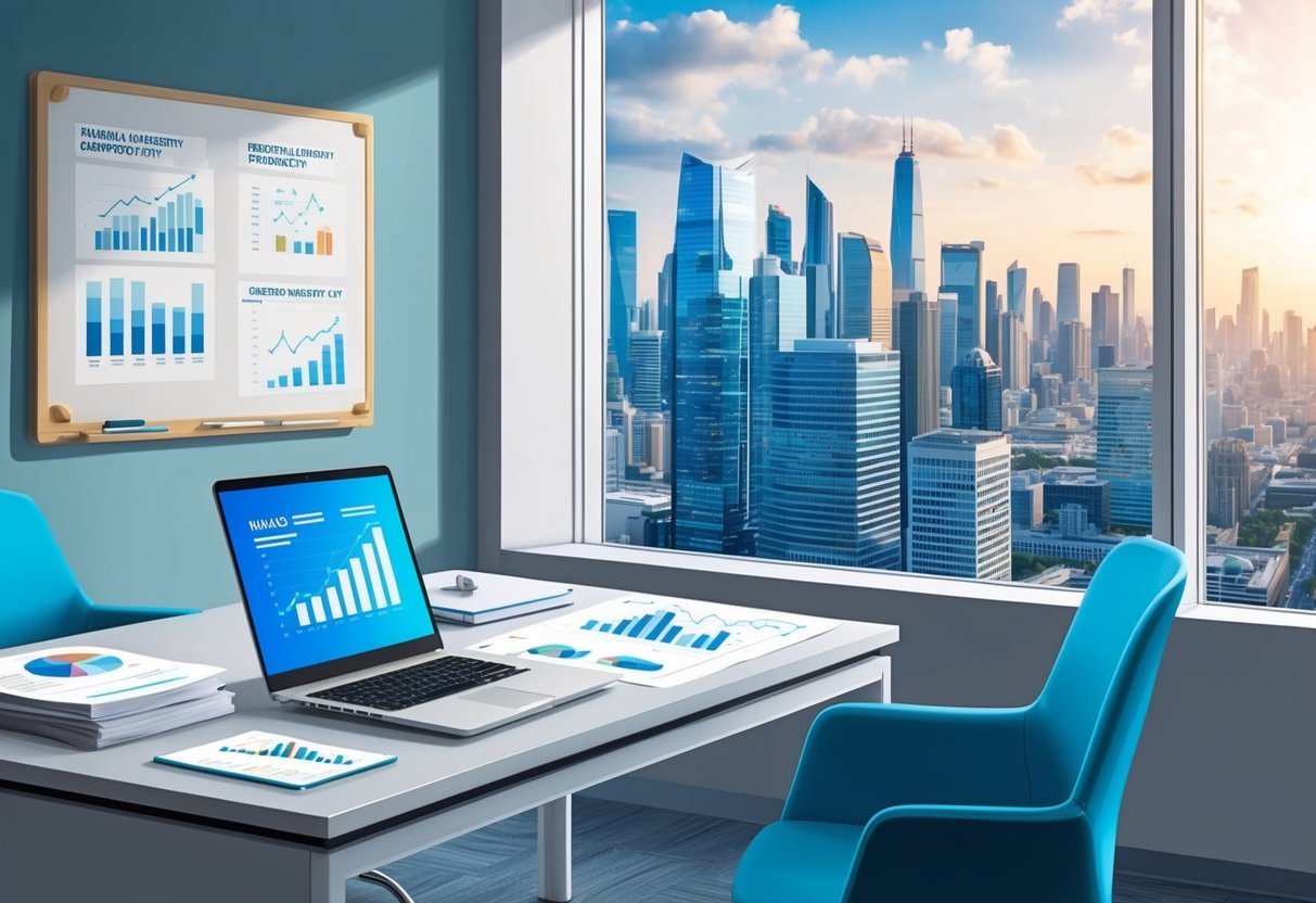 A serene, modern office with a view of a bustling city skyline. A desk is neatly organized with financial reports and a laptop. A wall-mounted whiteboard displays charts and graphs related to risk management and liquidity considerations