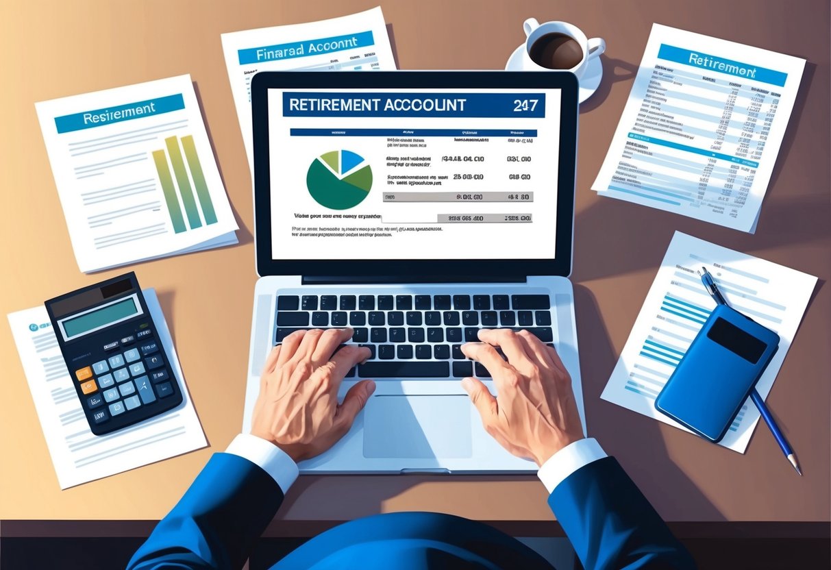 An older person sitting at a desk with a laptop, surrounded by financial documents and a calculator. A retirement account statement is open on the screen