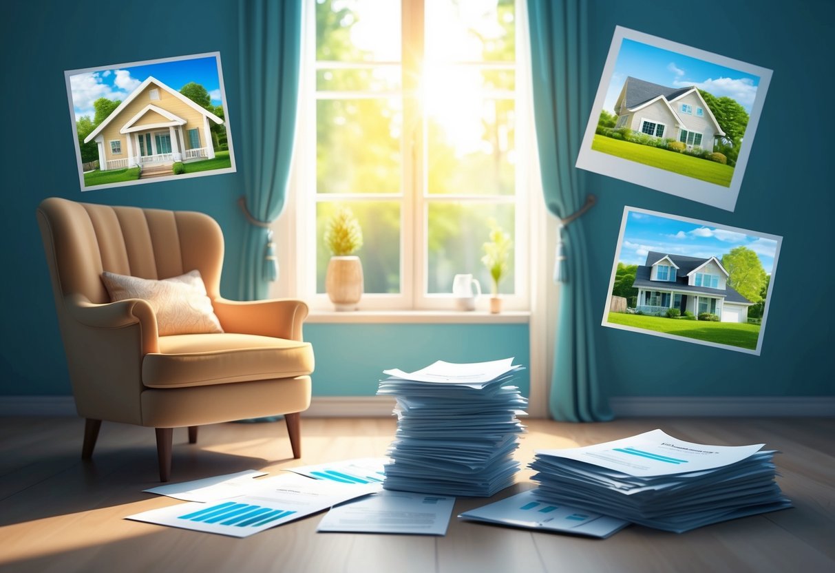 A tranquil, sunlit room with a cozy armchair and a stack of financial documents, surrounded by images of real estate and other tangible assets