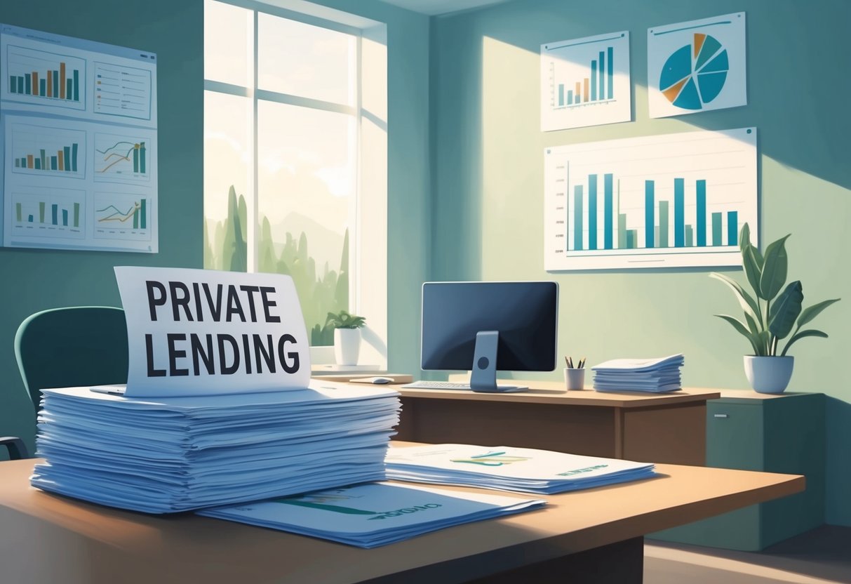 A serene, modern office setting with a desk, computer, and financial charts on the wall. A stack of paperwork labeled "Private Lending" sits on the desk