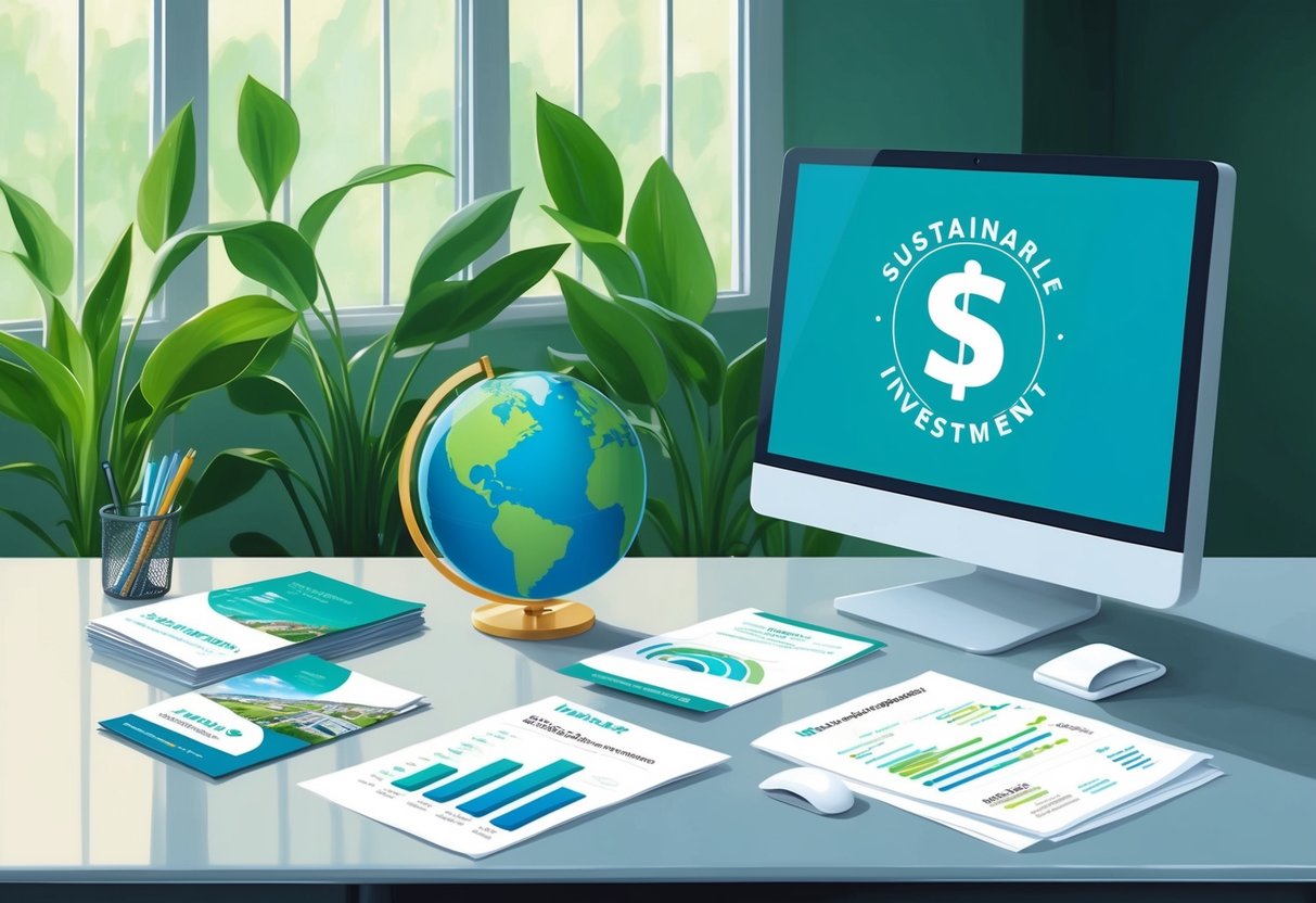 A serene office setting with a desk, computer, and financial documents. A globe and sustainable investment brochures on the desk. Green plants in the background