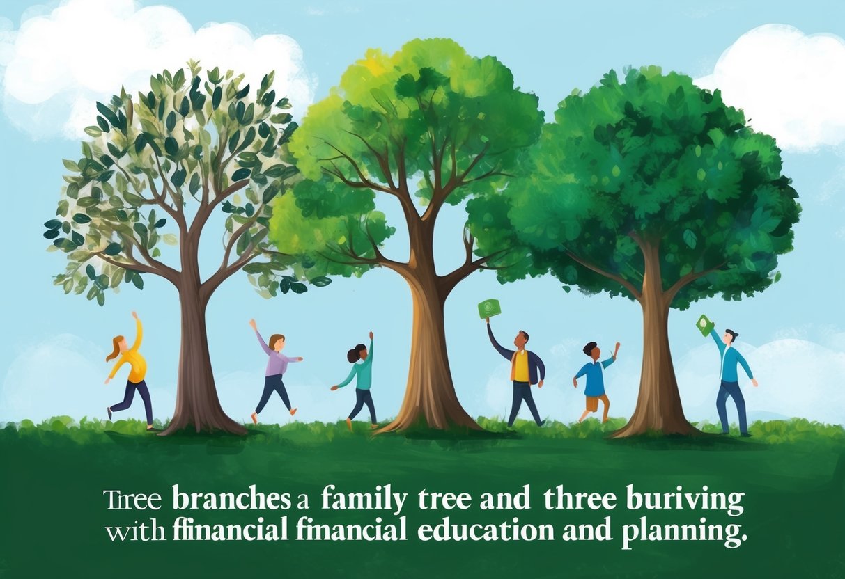A family tree with three branches: one withering, one thriving, and one being nurtured with financial education and planning