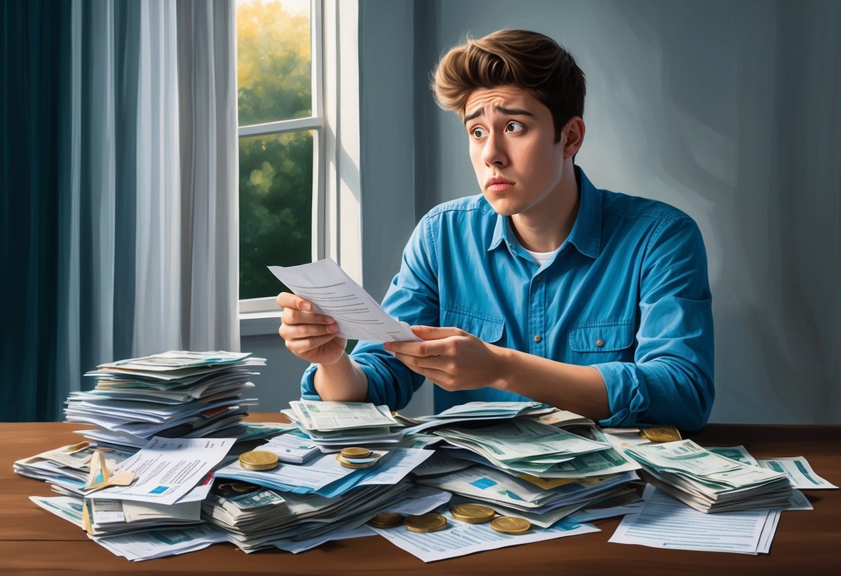 A young person looking confused while staring at a pile of bills and financial documents, with no clear understanding of how to manage their inheritance