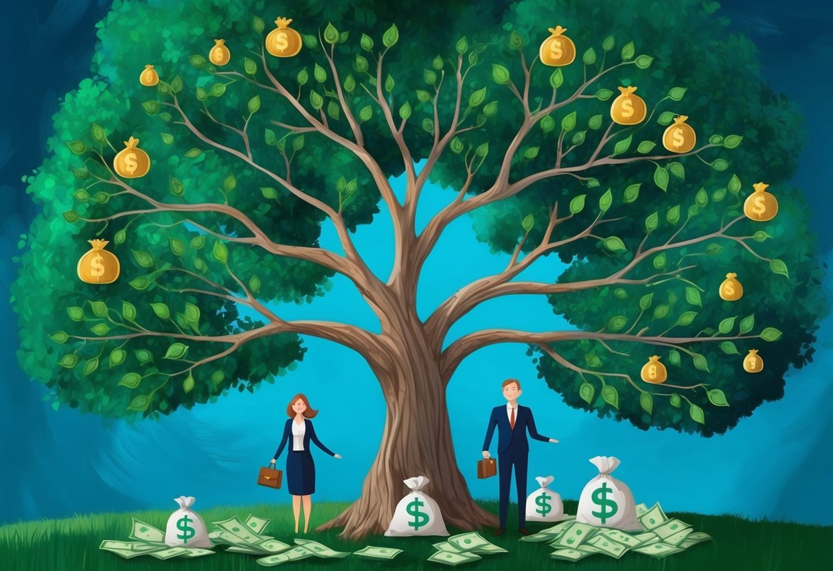 A family tree with three generations, but the branches for the third generation are bare, while the first and second generations are filled with wealth symbols like money bags and assets