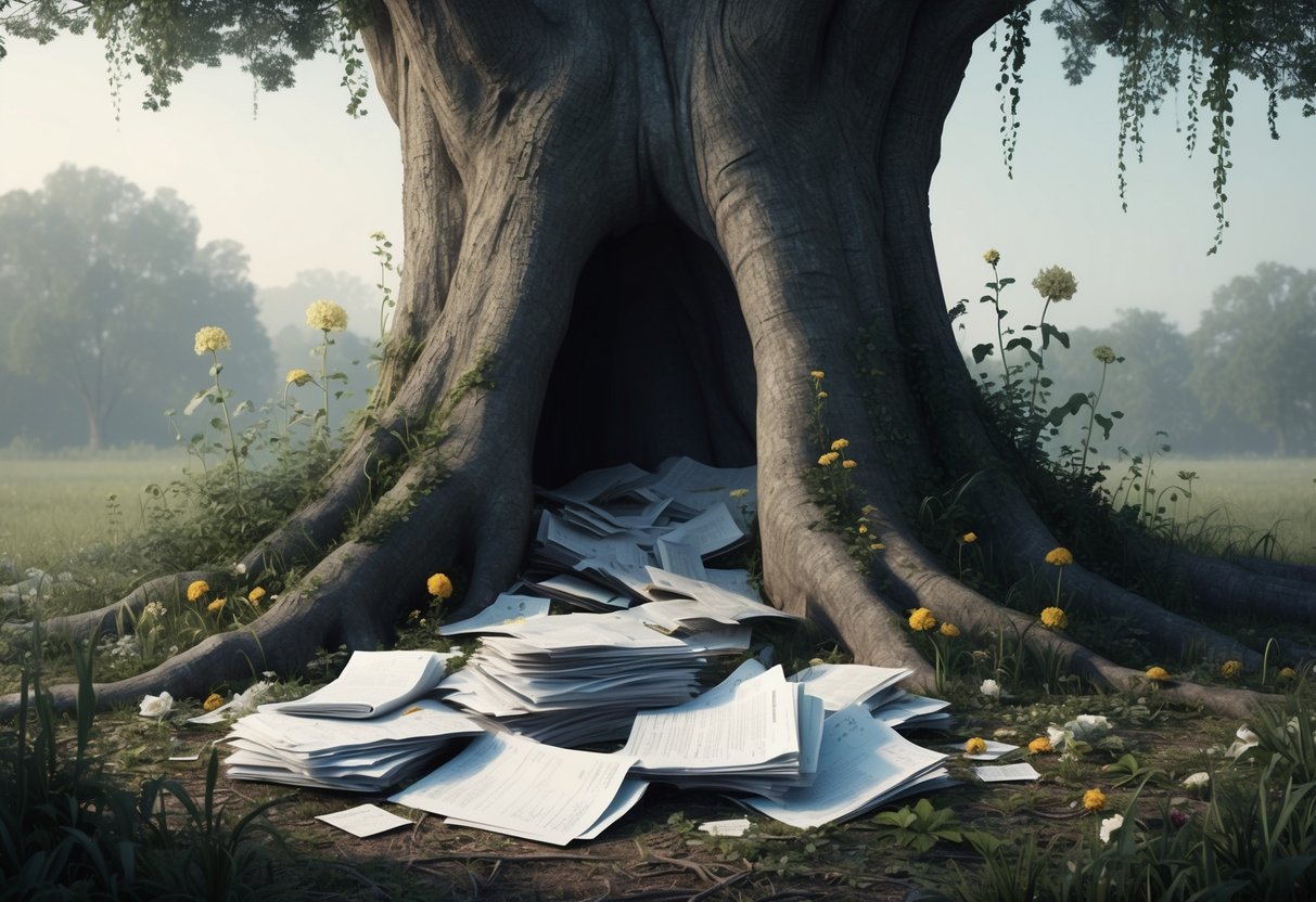 A large, old tree with a hollow trunk, surrounded by wilting flowers and overgrown weeds. A pile of neglected financial documents lies scattered at the base