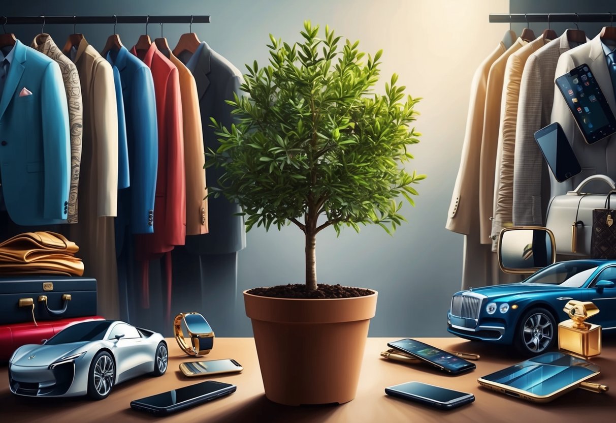 A young tree growing in a pot, surrounded by expensive items like designer clothes, luxury cars, and expensive gadgets