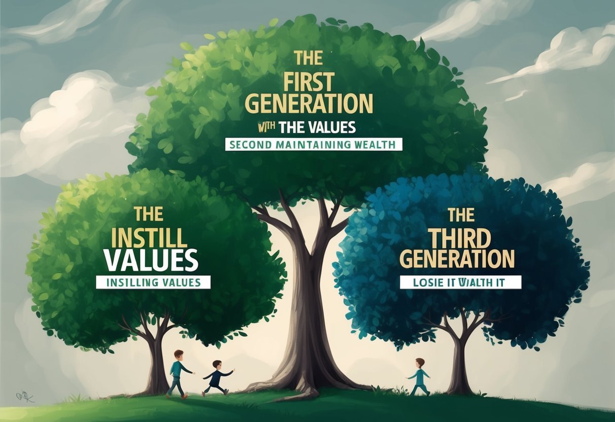 A family tree with three generations, the first generation instilling values, the second generation maintaining wealth, and the third generation losing it