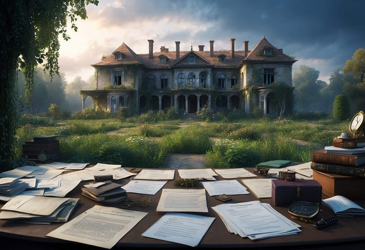 A sprawling, neglected estate with overgrown gardens and a dilapidated mansion, surrounded by legal documents and family heirlooms left in disarray