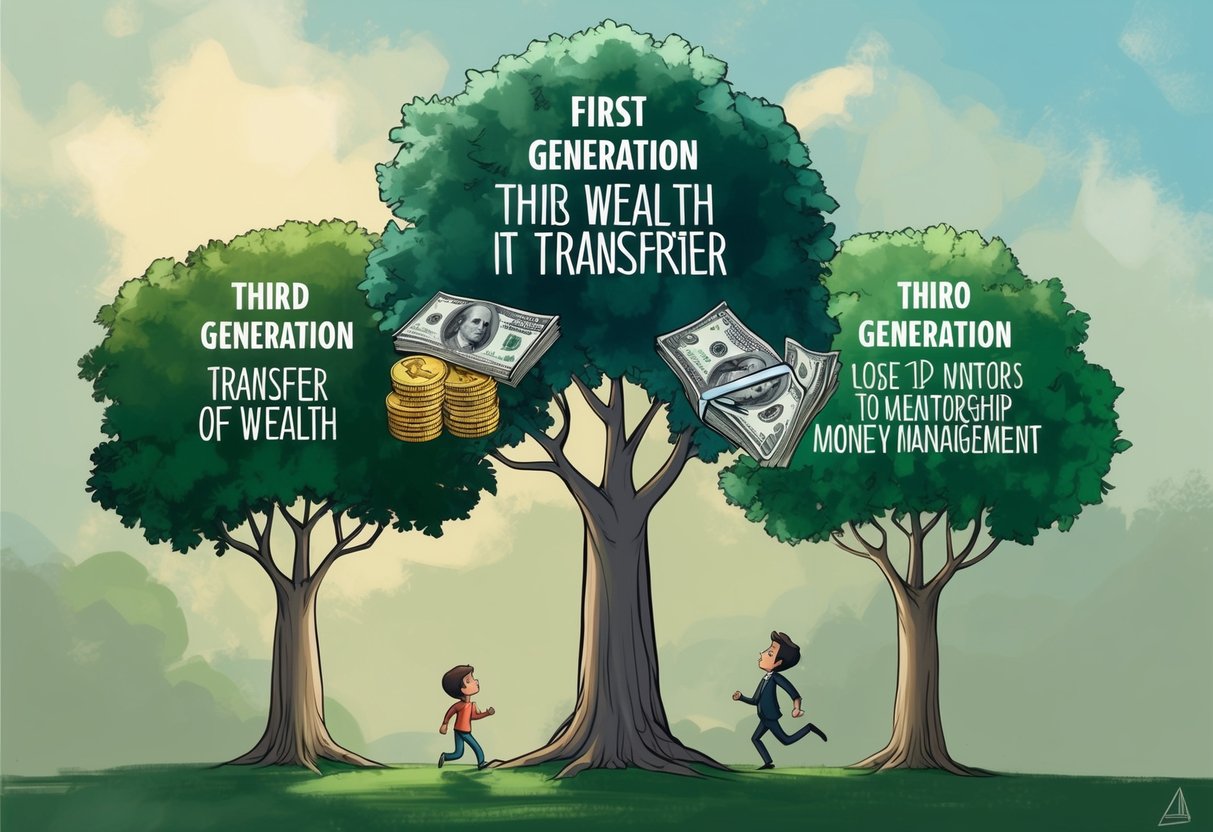 A family tree with three generations, showing the transfer of wealth from the first to the third generation. The third generation is depicted as losing the wealth due to lack of mentorship on money management