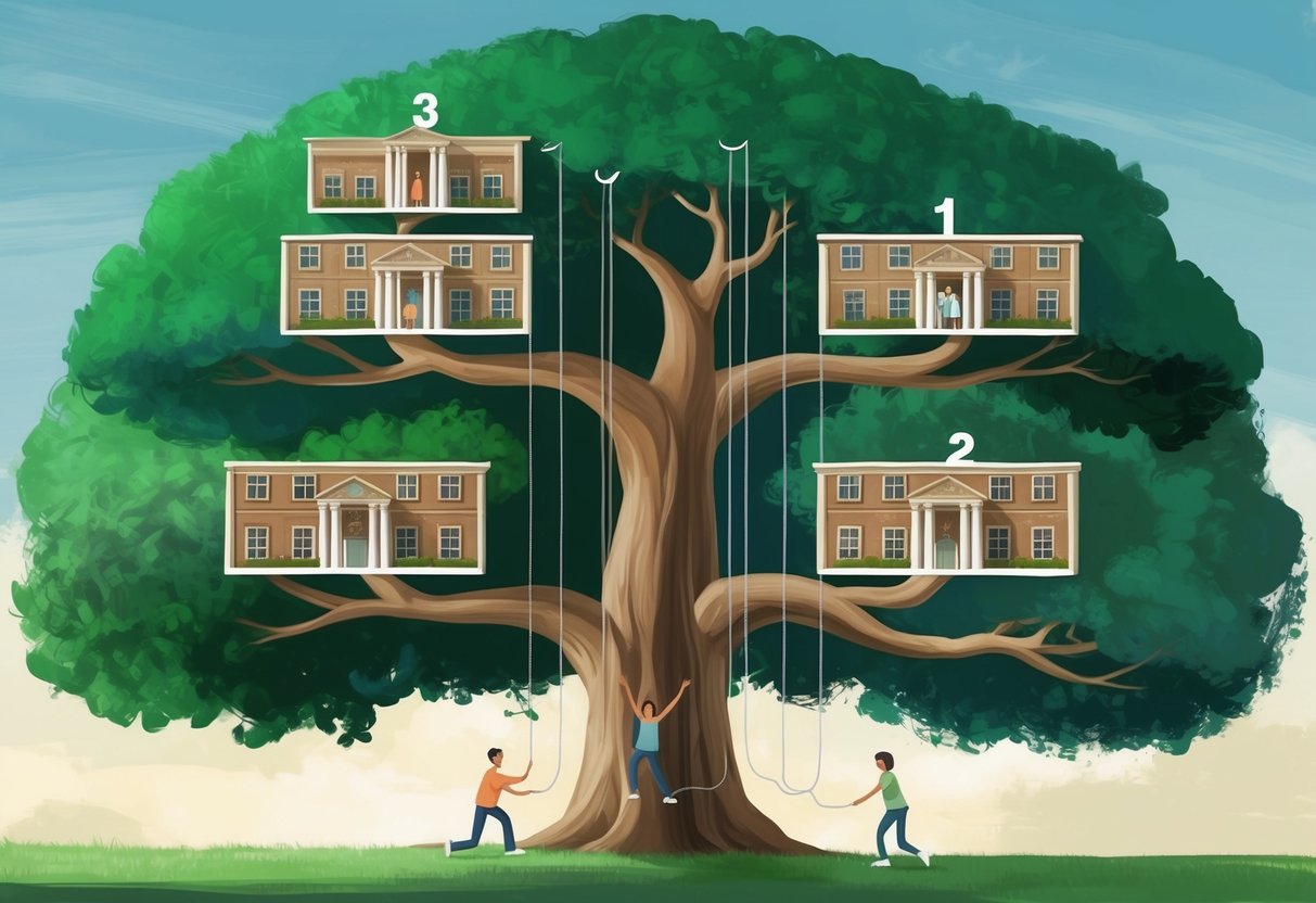 A large family tree with three generations depicted, with the wealth passing down to the third generation. The first two generations are thriving, while the third generation is depicted as struggling or losing the wealth
