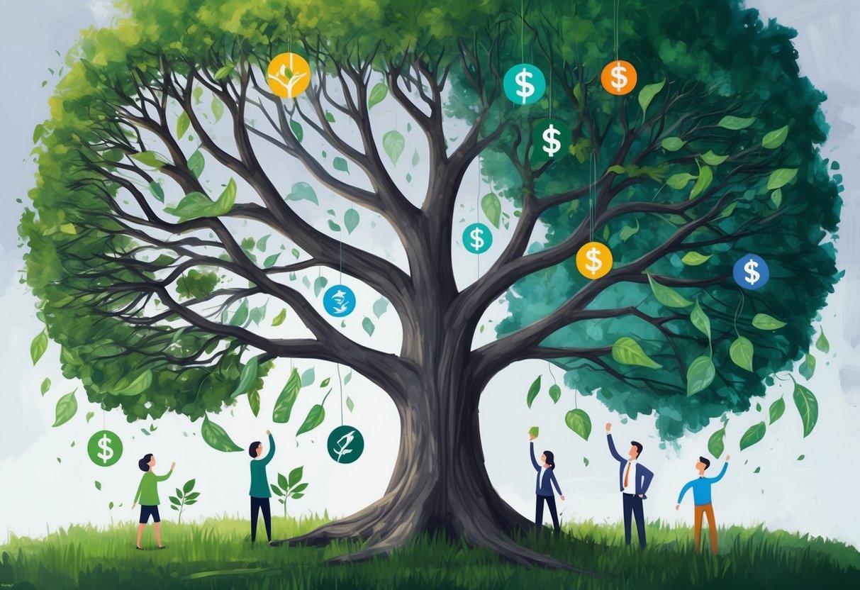 A family tree with multiple branches wilting and dying while one branch thrives with various investment symbols growing from it
