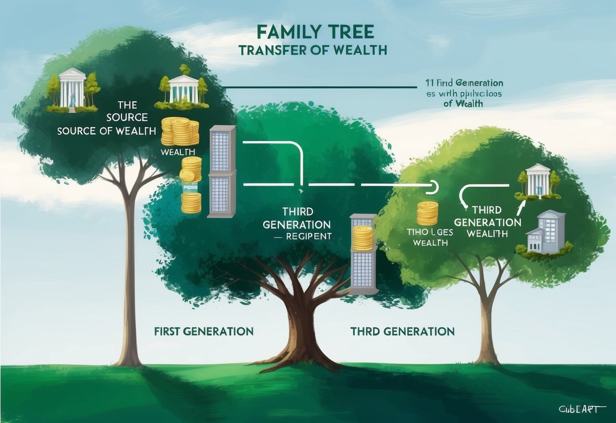A family tree with three generations depicted, showing the transfer of wealth from the first to the third generation. The first generation is depicted as the source of wealth, the second generation as the recipient, and the third generation as the potential loss of wealth