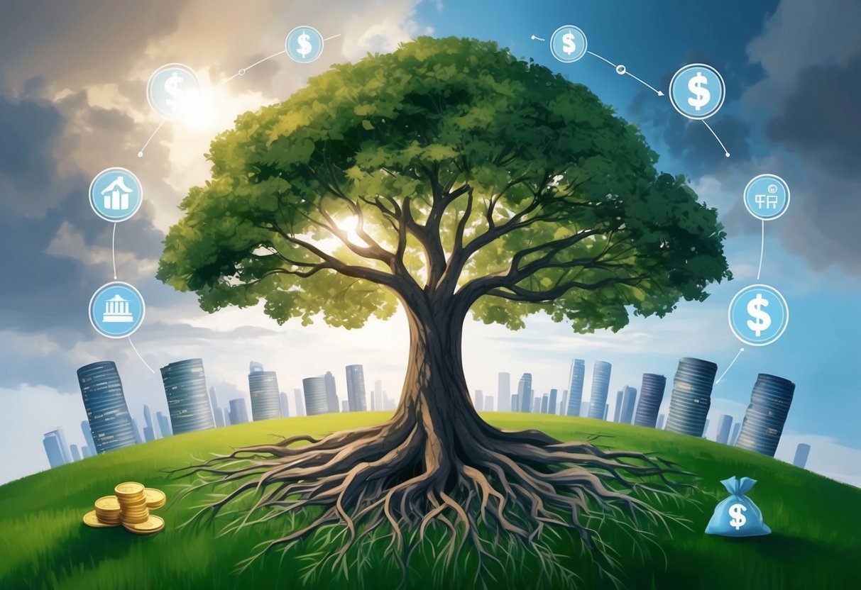 A large family tree with roots firmly planted in the ground, surrounded by symbols of financial stability and growth