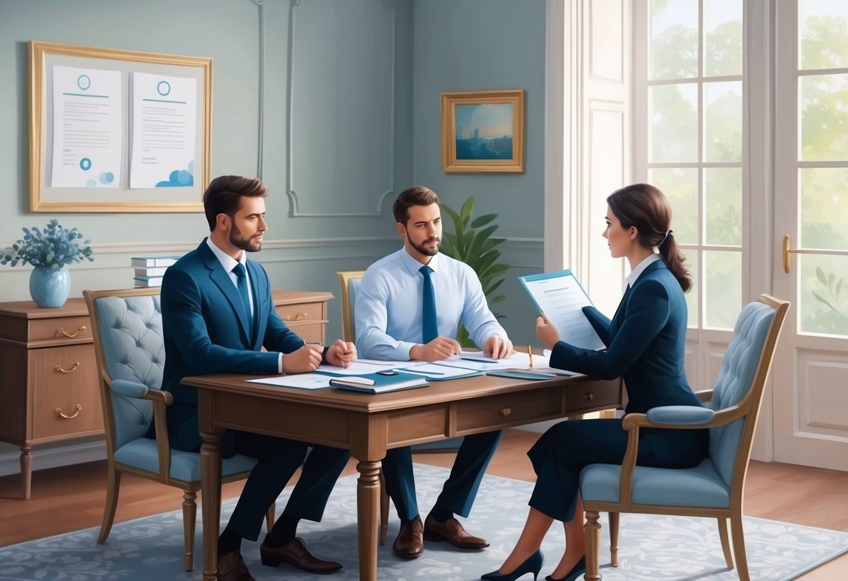 A serene and elegant office setting with a desk, legal documents, and a couple discussing financial planning with a professional advisor