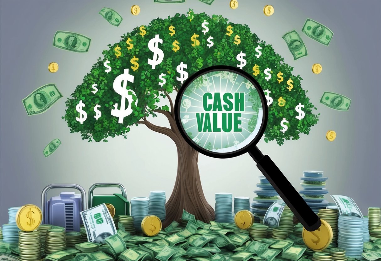 A family tree growing with dollar signs, surrounded by various assets and investments, with a magnifying glass highlighting the growth of cash value