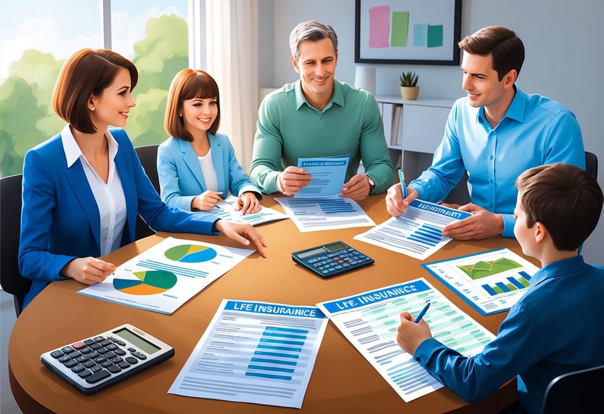 A family sitting around a table, discussing financial plans while holding life insurance policy documents. A calculator and financial charts are spread out on the table