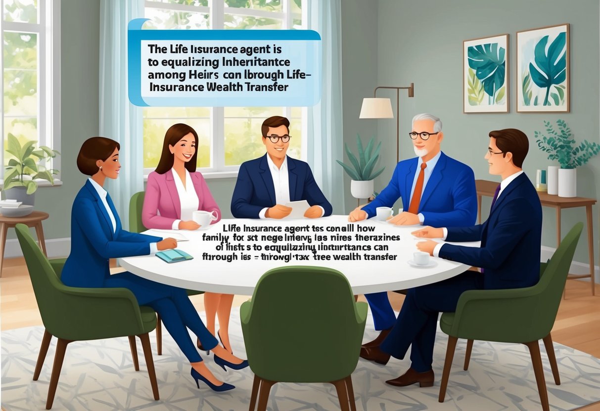 A family sits around a table as a life insurance agent explains how equalizing inheritances among heirs can be achieved through tax-free wealth transfer