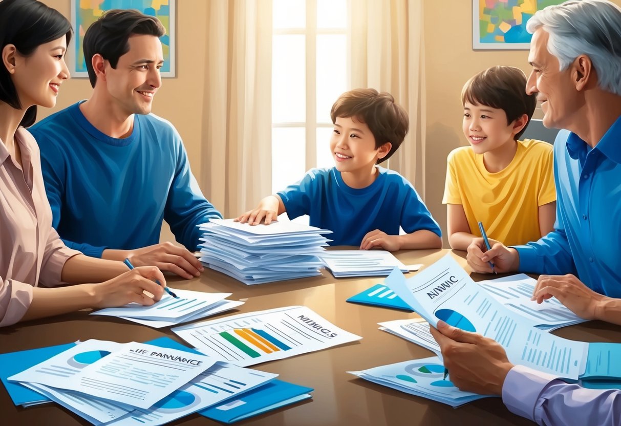 A family sitting around a table, with a stack of papers and documents related to life insurance and taxes, discussing financial planning