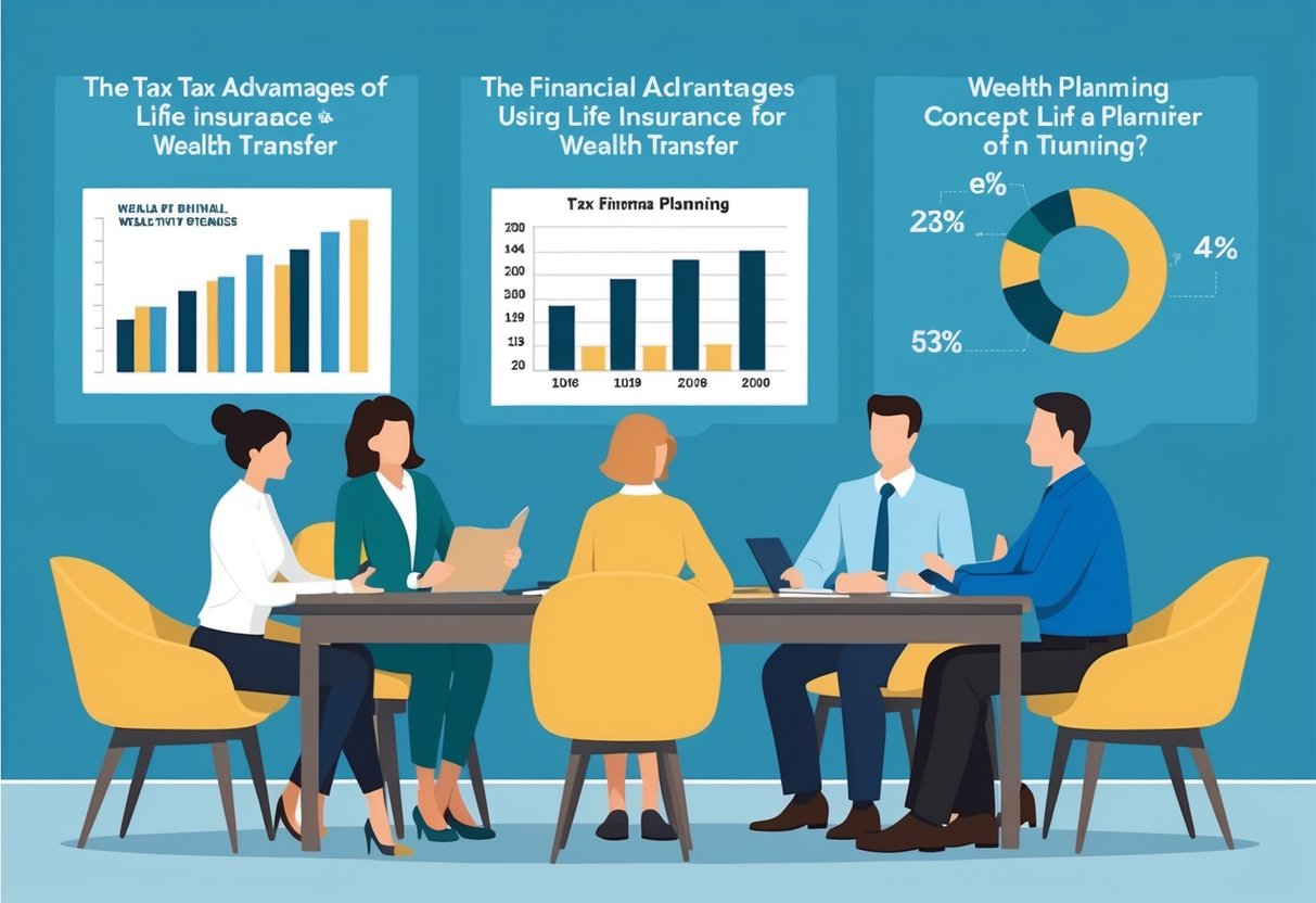 A family sits around a table, discussing financial planning. Charts and graphs show the tax advantages of using life insurance for wealth transfer