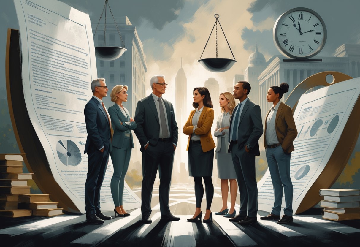 A group of middle-aged people standing at a crossroads surrounded by symbolic tax documents, scales, and a clock, with a city and government buildings in the background, showing expressions of contemplation and concern.