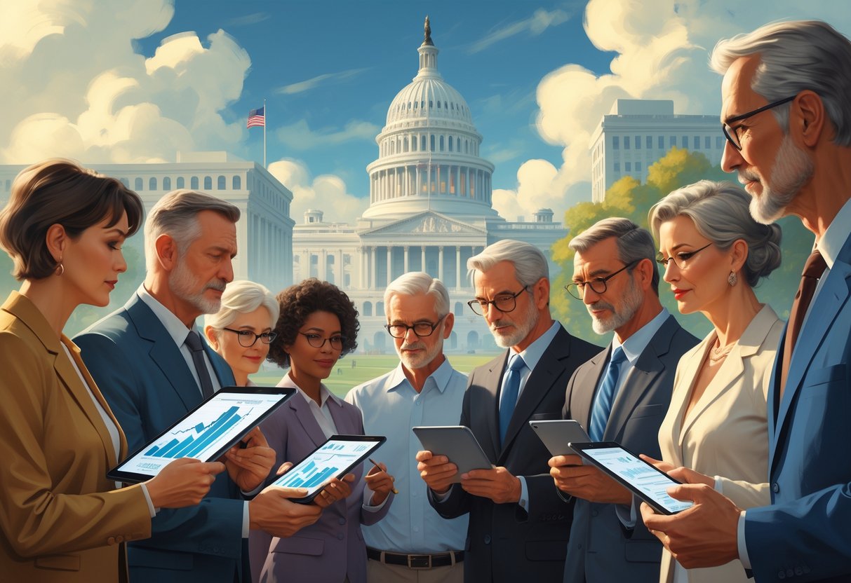 A group of diverse middle-aged adults reviewing financial documents and digital charts in an American urban and suburban setting with the Capitol building in the background.