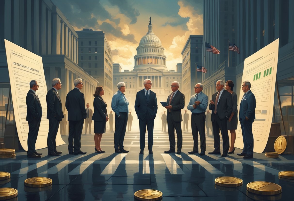 A diverse group of middle-aged people standing at a crossroads in a city, surrounded by symbolic financial elements like oversized tax forms and coins, with the Capitol building and an American flag visible in the background.