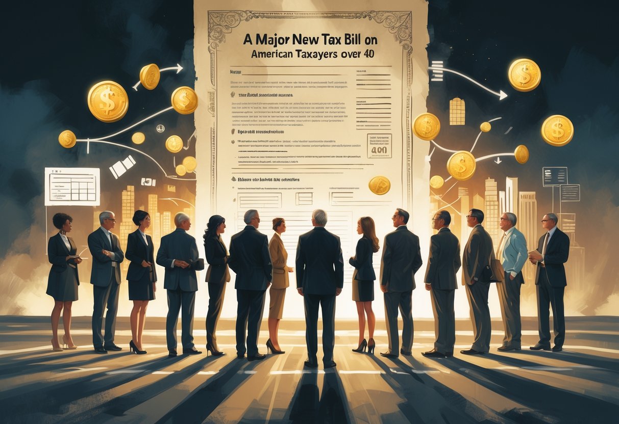A group of middle-aged people standing at a crossroads surrounded by floating financial symbols and a large transparent document representing a tax bill in the background.