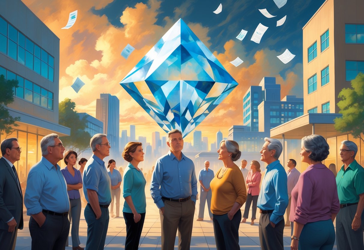 A group of middle-aged people stand thoughtfully near a glowing abstract sculpture in a city setting with hospital and community buildings around them.