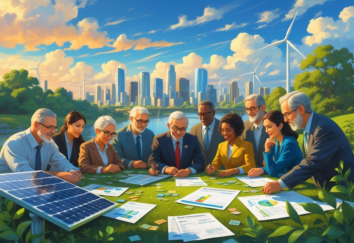 A group of middle-aged people surrounded by solar panels, wind turbines, and financial documents, set against an American city skyline with trees and clean rivers, showing their thoughtful engagement with environmental and energy tax changes.