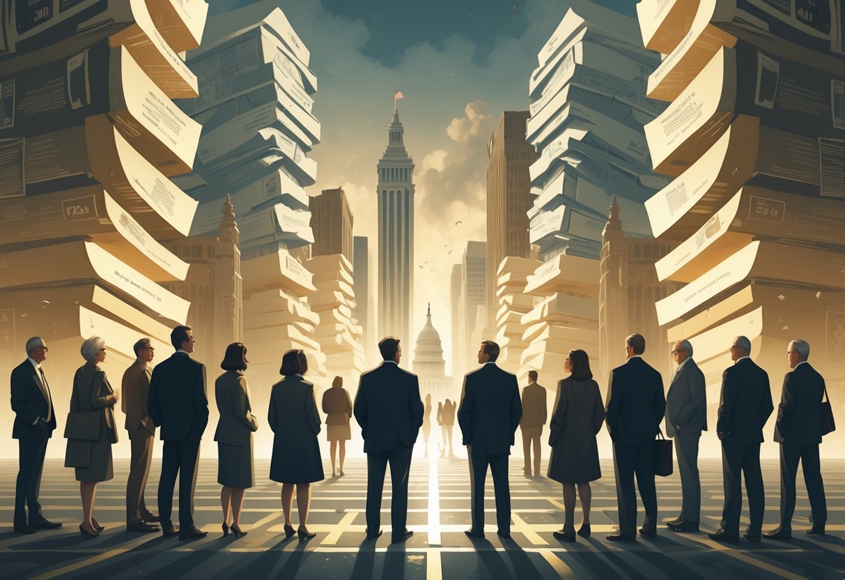 A group of middle-aged people standing at a crossroads surrounded by large abstract structures representing a tax bill, with a cityscape and Capitol building in the background.