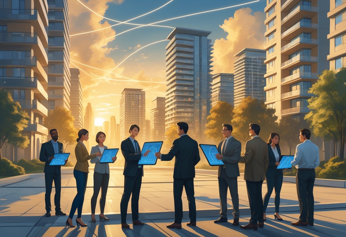 A futuristic city with modern buildings and diverse people interacting with digital devices and blueprints, symbolizing real estate investment.