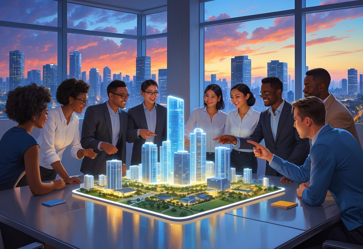 A diverse group of people gathered around a glowing holographic city model in a modern office with a city skyline visible through large windows.
