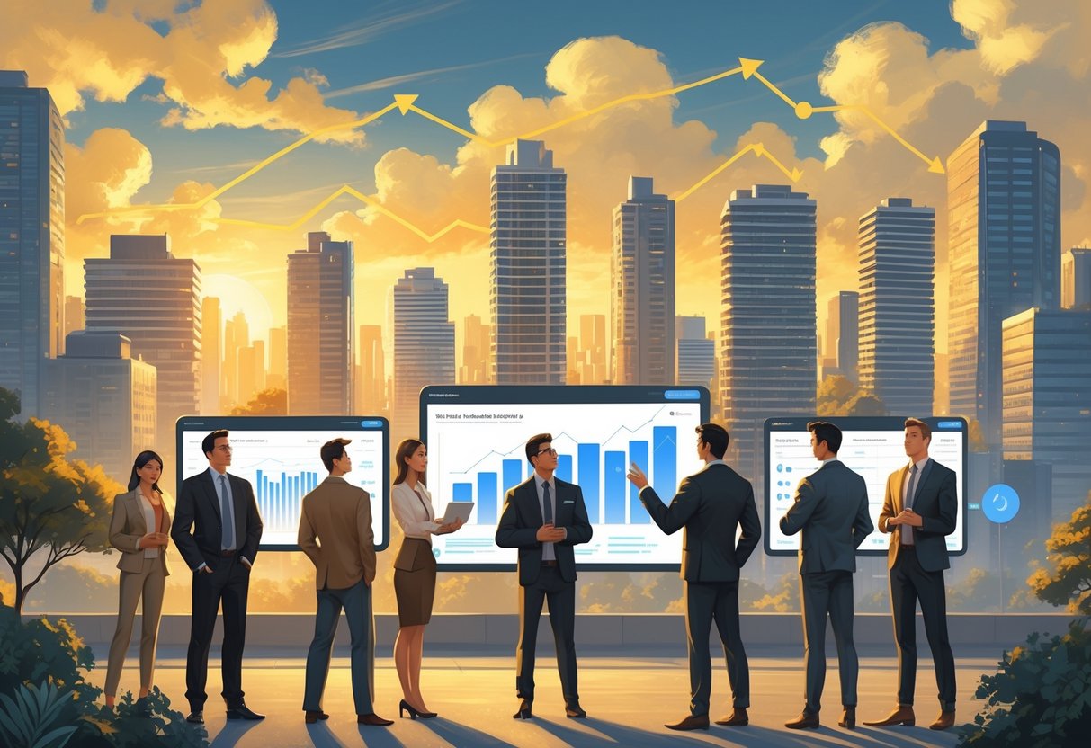 A vibrant city skyline with diverse people interacting with digital financial displays, symbolizing real estate investment and financial growth.