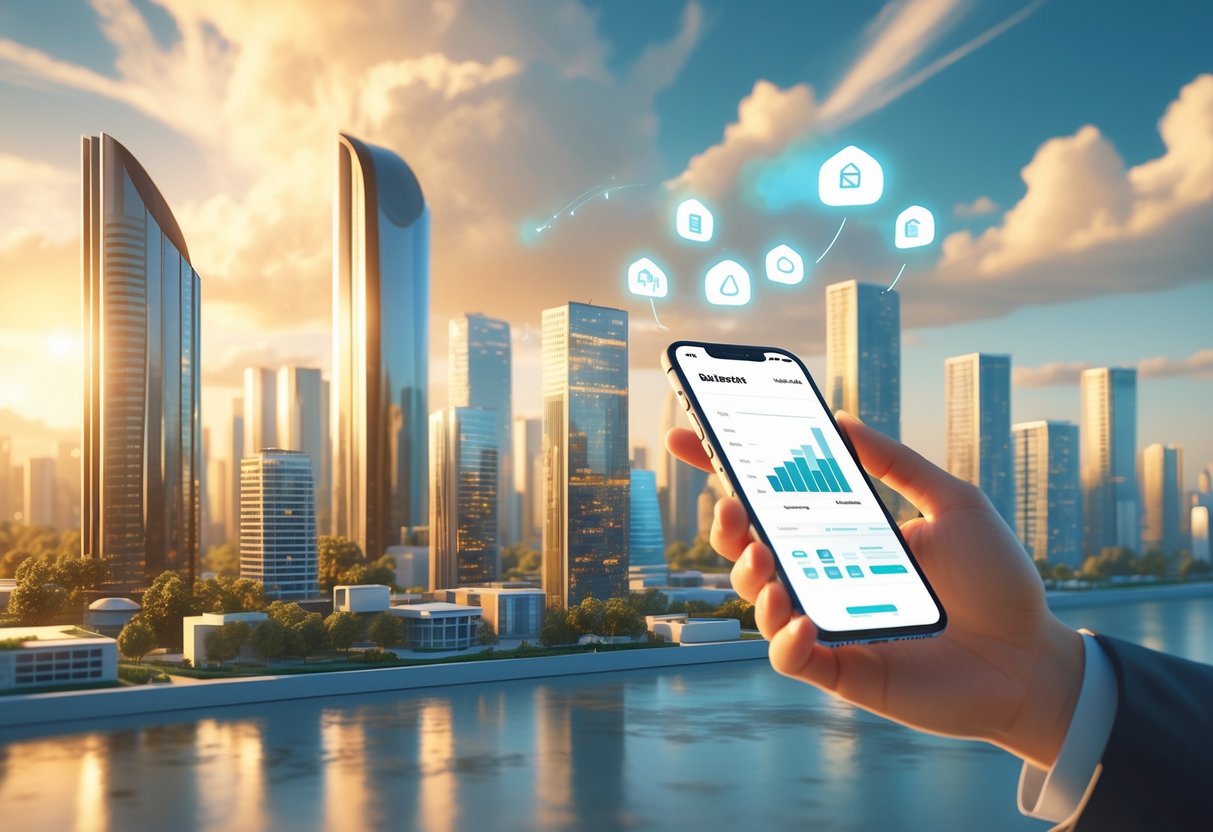 A hand holding a smartphone with glowing real estate investment icons above it, set against a modern city skyline with tall buildings under a bright sky.